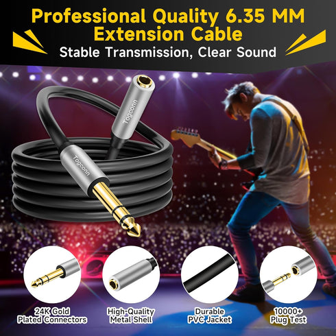 1/4 inch Extension Cable 1 Foot, 6.35mm 1/4" TRS Male to Female Stereo Adapter Jack Quarter inch Headphone Guitar Extension Cable, Hi-Fi Sound, Gold Plated Connectors, Oxygen-Free Copper OFC