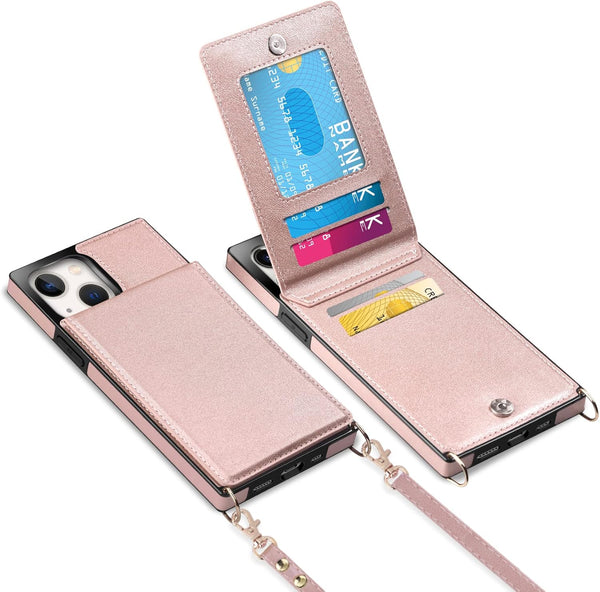 Vofolen Wallet Case for iPhone 15 with Card Holder, Crossbody Lanyard Wrist Strap, Heavy Duty Protective