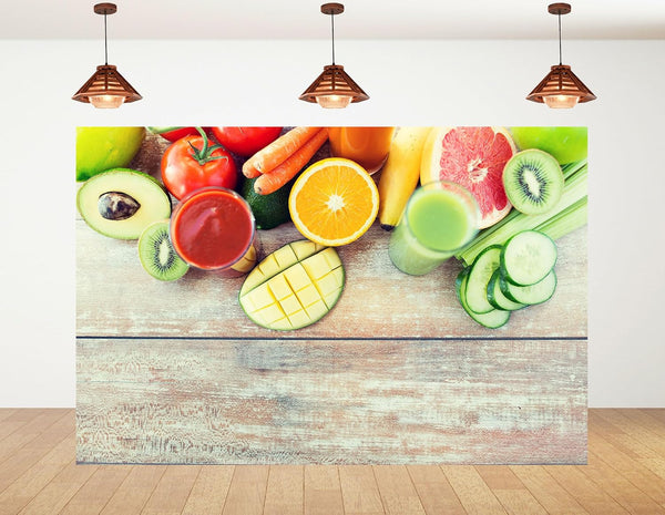 KeyWork 8x8ft Fresh Fruit Smoothie Backdrop Colorful Produce Wooden Table Photography Background for