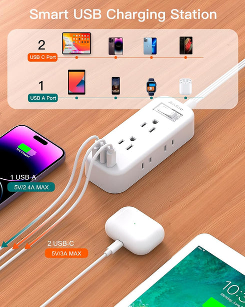 Extension Cord 15 ft - Power Strip Surge Protector with 6 AC Outlet Extender and 3 USB Ports for Home College Dorm