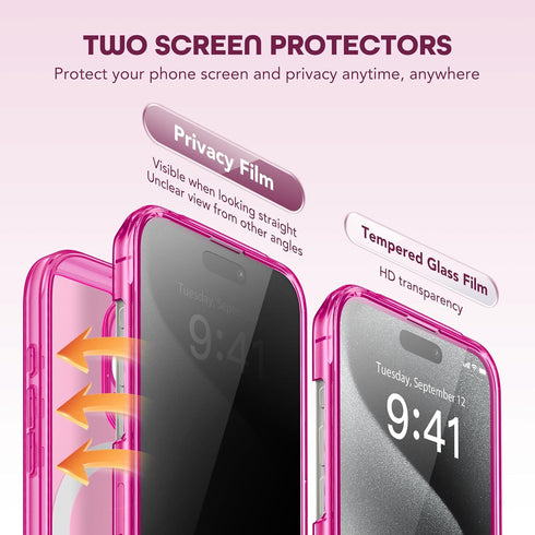 TIESZEN iPhone 15 Pro Max Case - Bright Pink, Dustproof, MagSafe Compatible, 9H Tempered Glass & Privacy Screen