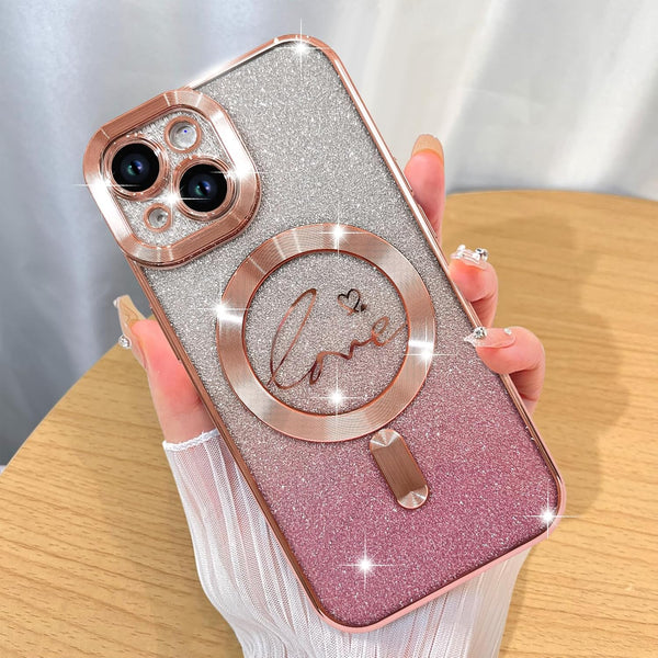 ZIYE Glitter Magnetic Case for iPhone 15 - Luxury Plating Love Heart, Compatible with MagSafe, Pink