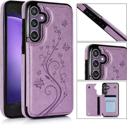 Asuwish Wallet Cover Phone Case for Samsung Galaxy S23 FE 5G, with Tempered Glass Screen Protector, Purple