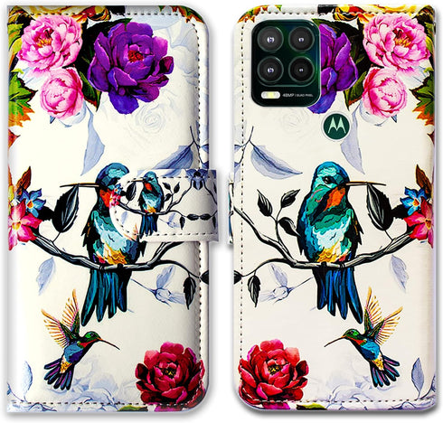Case for Moto G Stylus 5G - Hummingbird in Flowers Leather Flip Phone Case Wallet Cover with Card Slot Holder Kickstand