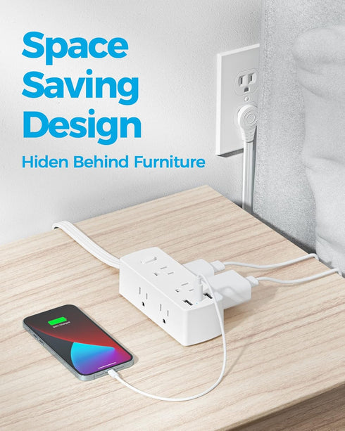 Flat Plug Power Strip, Olcorife 5ft Flat Extension Cord with 6 Outlets, 3 USB Ports (1 USB C), Surge Protector for Home