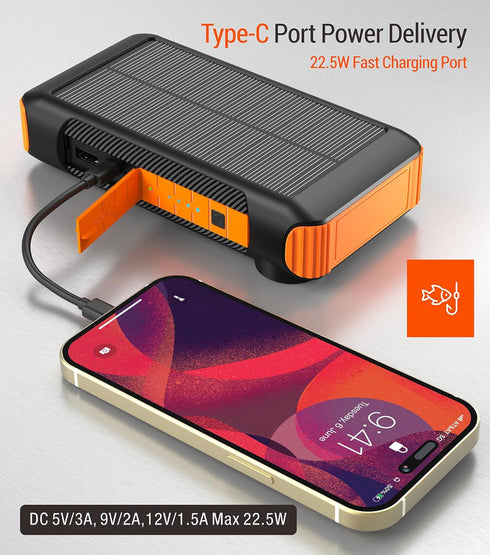 Solar Power Bank 20,000mAh with Hand Crank and 4 Cables, 22.5W Fast Charge, 5 Outputs, SOS Flashlights, Carabiner