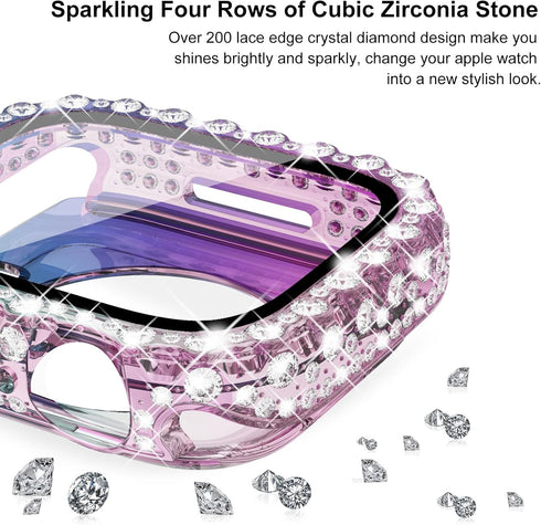 Surace 2 in 1 Waterproof Bling Case Compatible for Apple Watch Series 9 Series 8 Series 7 45mm Screen Protector, Lace Edge Diamond Protective Bumper Face Cover for iWatch Accessories Women, Rainbow
