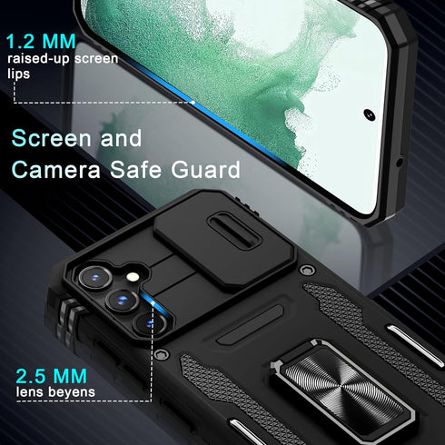 DEERLAMN Galaxy S23 FE Case - Black, Military Grade Shockproof, Slide Camera Cover, Screen Protector & Rotated Ring