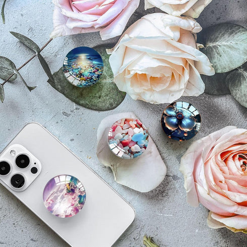 Translucent Clear Phone Grip with Expanding Kickstand, Collapsible Stand for Smartphones in Pink Blue White