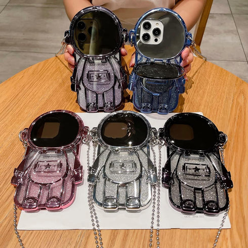 Astronaut Hidden Stand Phone Case for iPhone 13, Blue, Cute 3D Astronaut Lens Camera Protection with Luxury Glitter