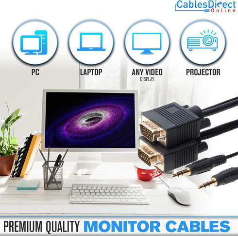 Cables Direct Online 6FT SVGA + Audio Monitor Cable - Male to Male VGA to VGA 1080P for PC, Projector, Laptop, TV