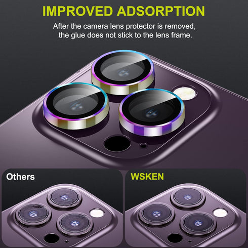 WSKEN HD Tempered Metal Glass Camera Lens Protector for iPhone 14 Pro/Pro Max, Colorful, Night Shooting Mode Accessory.