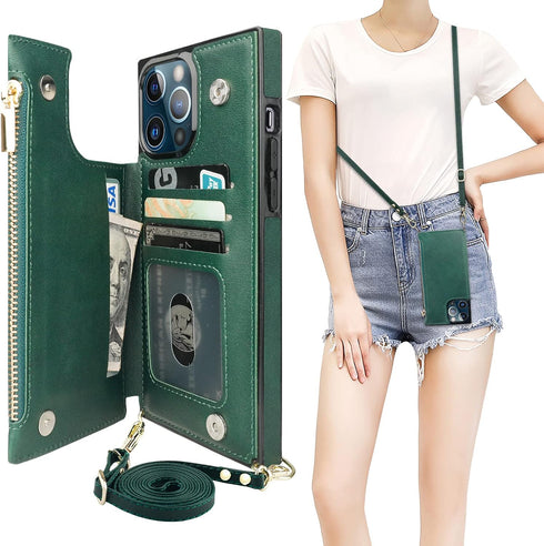 Bocasal Crossbody Wallet Case for iPhone 13 Pro Max, Green PU Leather Zipper Handbag with RFID Blocking Card Slot