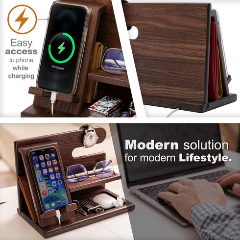 TESLYAR Wood Phone Docking Station for Men - Desktop or Nightstand Organizer - Birthday Gifts for Men, Dad