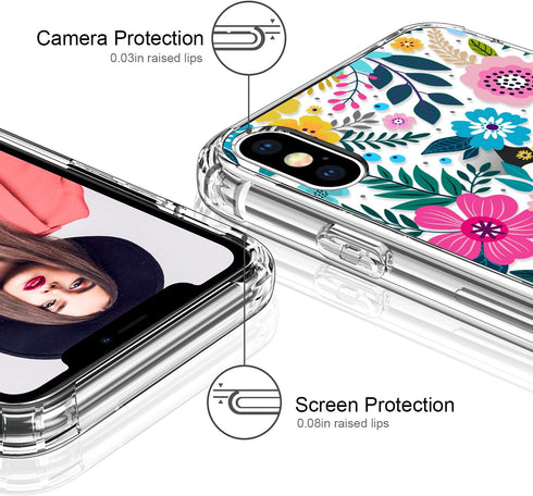 ICEDIO Case for iPhone X with Screen Protector, Clear Floral Patterns for Girls, Slim Fit TPU Protective Cover