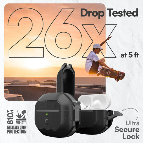 KeyBudz Waterproof AirPods Pro Case with Lock, Rugged Tough Protection for 2nd Generation with Carabiner, Carbon Black