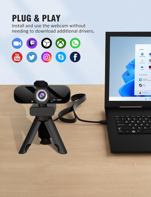 Full HD Webcam with Built-in Microphone, Rotatable Tripod, 1080P Video, Wide Angle Camera for Desktop PC or Laptop