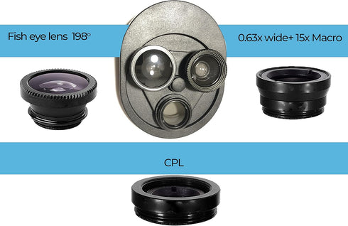 Mobile Phone Lens, 3 in 1 Clip On 198° Fish Eye + 0.63X Wide Angle + 15X Macro Lens, HD Camera Lens Kit