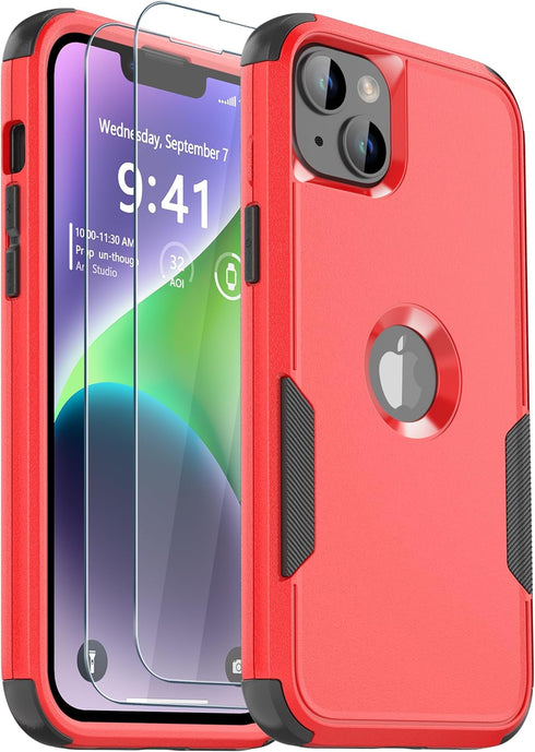 iPhone 13 & 14 Case, 10 Ft Military Shockproof, Non-Slip, with 2 Tempered Glass Protectors, 6.1" (Red/Black)