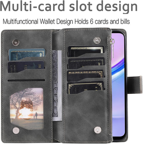 Asuwish Galaxy A15 5G Wallet Case with Tempered Glass, Wrist Strap, Mandala Flower, Credit Card Holder, Grey.