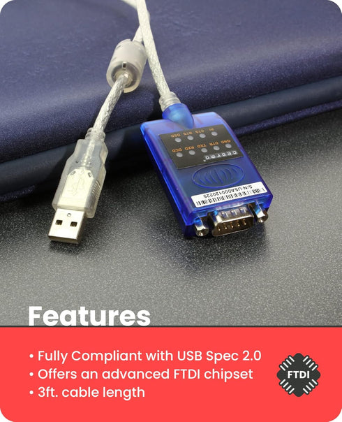 USB to Serial RS-232 Adapter with LED Indicators, FTDI Chipset, Supports Windows 11/10/8.1/8/7, Mac OS X 10.6 and Above
