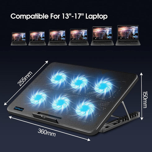 Laptop Cooling Pad, Gaming Laptop Cooler with 6 Quiet Fans, Fits 12-17 Inch Laptop, USB Powered, 7 Adjustable Height