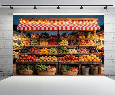 CHNYWORK 10x8ft Farmers Market Fruit Stall Photography Backdrop Red White Checkered Awning Fresh Produce Wooden Crates