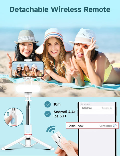 SelfieShow 44 Inch 360 15/14/13/12/11 Stable Selfie Stick Tripod with Fill Light, Extendable Selfie Stick with Wireless