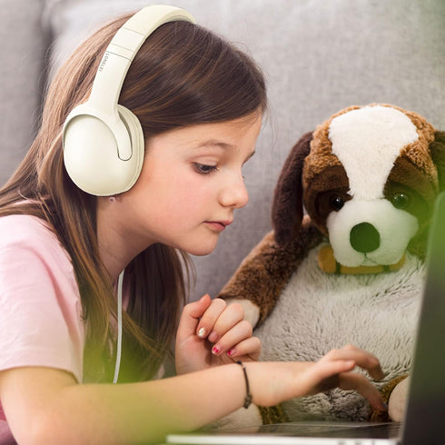 LORELEI E5 Foldable Wired Headphones for Kids - Tangle-Free 3.5mm Jack Stereo On-Ear Headsets (Beige White)