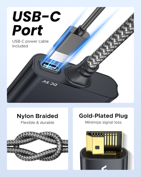 WARRKY HDMI Splitter 4K, 1x2 HDMI Display Duplicate/Mirror, USB-C Powered Splitter with Metal Shell and Braided Cable