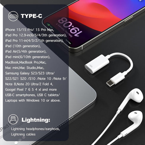 USB-C Male to Lightning Female Adapter,Type C to Lightning Converter for Audio,Data&Charging,Compatible with iPhone 15,iPad Pro,MacBook Pro,iMac and More Devices with USB-C Port