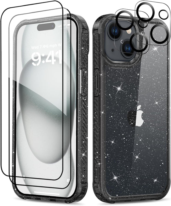 MIODIK iPhone 15 Plus Case - Clear Glitter, Shockproof, with 2 Screen & Camera Lens Protectors - Black, No Yellowing.