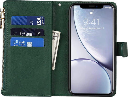 Jaorty Wallet Case for iPhone XR, 9 Card Slots, Wrist Strap, Zipper Cash Pocket, Shockproof Slim Case (Dark Green)
