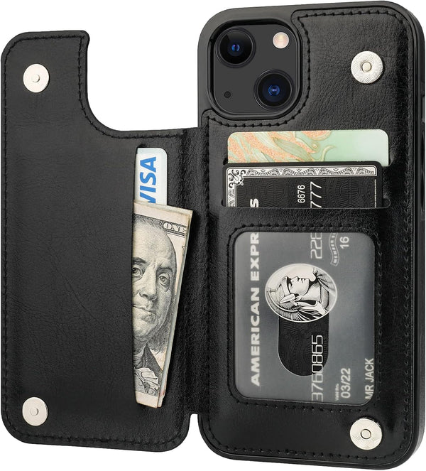 iPhone 13 Wallet Case - Black PU Leather, Card Holder, Kickstand, Double Magnetic Clasp, Shockproof, 6.1 Inch.