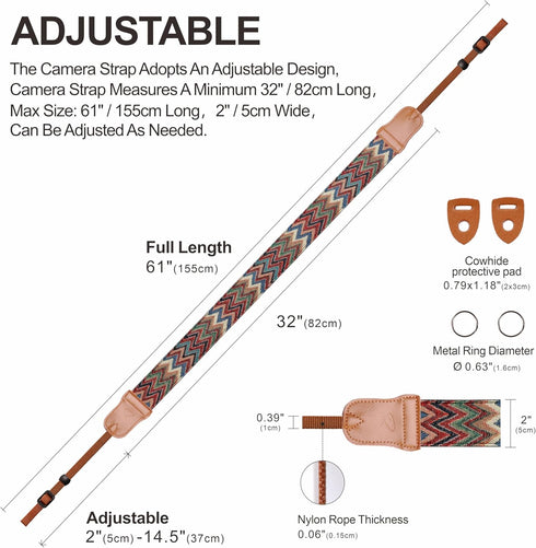 Padwa Lifestyle Camera Strap - 2" Cowhide Head Straps for Photographers, Adjustable Vintage Jacquard Cotton Neck Straps
