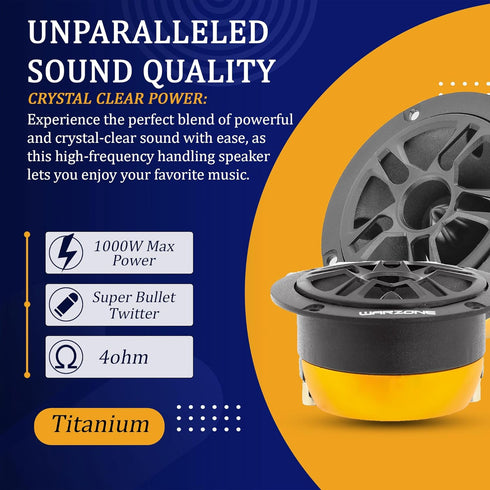 Warzone WZ37TW 3.71-Inch Super Tweeter Speaker, 4 Ohm, 1000W Max Power, 105dB Sensitivity, Titanium Diaphragm, CCAW
