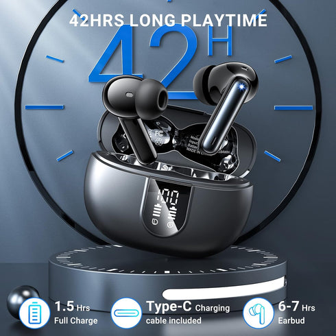 Wireless Earbuds 2024 with HiFi Stereo, 4 ENC Noise Cancelling Mic, 42H Playtime, Bluetooth 5.3 Sport Earphones for