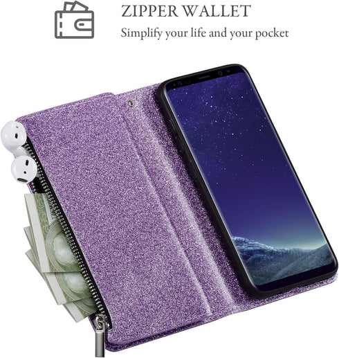 UEEBAI Wallet Case for Samsung Galaxy S10 Plus, PU Leather Magnetic Closure Handbag with Card Slots (Glitter Purple)