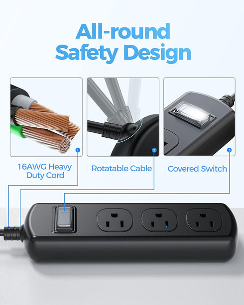 EIGSO Outdoor Power Strip - Weatherproof IPX6 Grade Surge Protector with 3 Wide Outlets and 6 FT Extension Cord