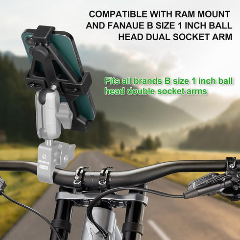 FANAUE Aluminum Phone Holder with 1" Ball Head Adapter, Compatible with RAM Mounts B Size Double Socket Arm & Bike Mount