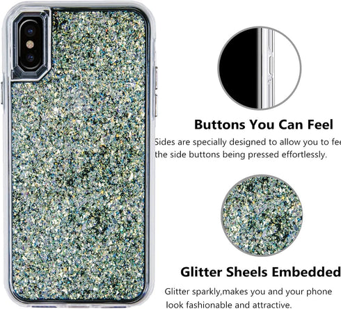 Compatible iPhone Xs Max Case, Women Glitter Shells Foil Sparkle Hard Back Cover with TPU Bumper (White/Gold)
