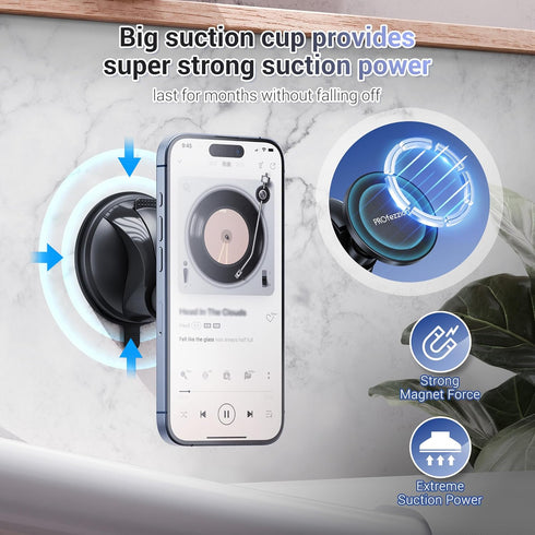 PROfezzion Magnetic Shower Mirror Phone Holder, Reusable Suction Cup Mount for iPhone 15 14 13 12 & All Phones, White