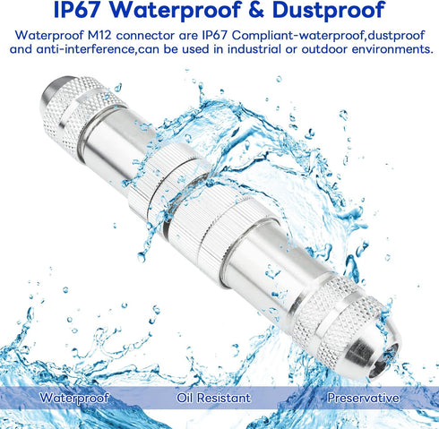 M12 8 Pin Aviation Connector, Male & Female Connector Field Wireable, IP67 Waterproof Straight A Code Shield for Cable