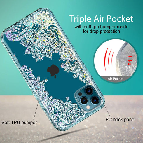 Coolwee Clear Glitter Compatible with iPhone 12 Pro Max Case, Thin Flower Cute Crystal Lace Bling Protective Cover