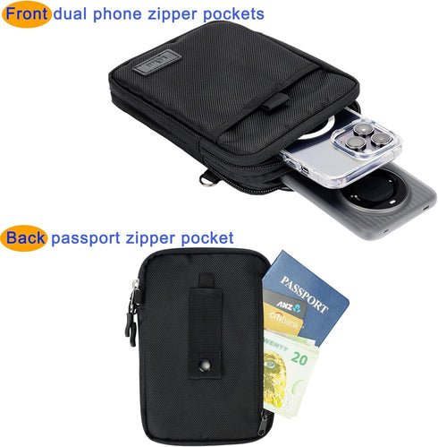 KIWIFOTOS Travel Cell Phone Pouch Belt Pouch, Dual Phone Holster Crossbody Bag with Shoulder Strap for iPhone 15 14 Pro Max Case Holder with Neck Lanyard Smartphone Walking Passport Wallet