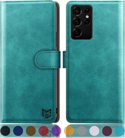 SUANPOT Leather Wallet Case for Samsung Galaxy S21 Ultra 6.8" - RFID Blocking Flip Folio Book Phone Case with Credit