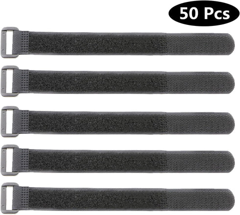 50-PCS Black Hook and Loop Reusable Fastening Cable Tie Down Straps - 0.8" x 8"
