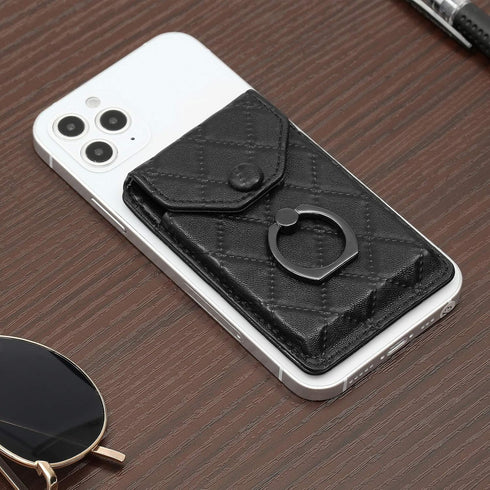 Black Cell Phone Card Holder - RFID Ring Stand Stick on Wallet for All Smartphones, Adhesive Credit Card Holder