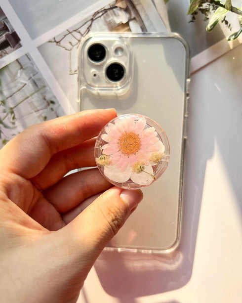 petitepop Pressed Pink Daisy Flowers Phone Grip Holder, Expandible Collapsible Transparent Cell Phone Accessory, Dried