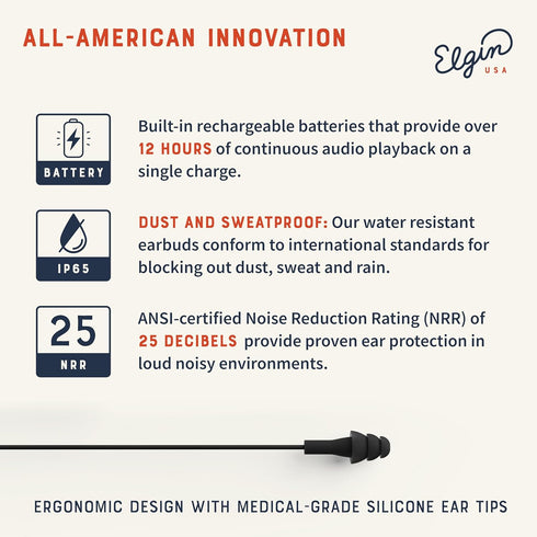 Elgin Ruckus Wireless Bluetooth Earplug Headphones, 25 dB Noise Reduction, 12 Hour Battery, IP65 Sweatproof, OSHA